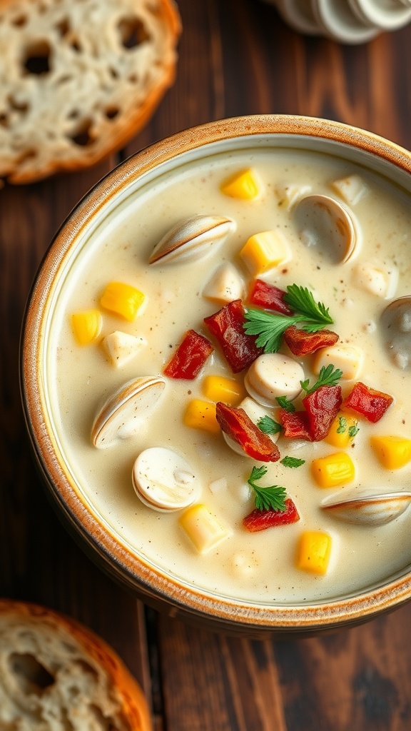 A creamy bowl of clam and corn chowder topped with bacon and parsley on a wooden table with bread.